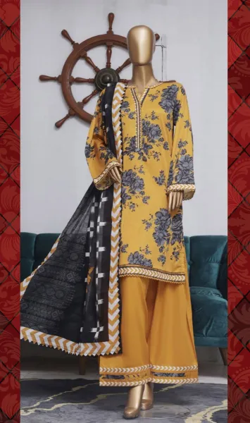 Pakistani Original Bin Saeed Lawn Stitched 3 Pcs with Farshi Salwar _ Mustard Yellow 